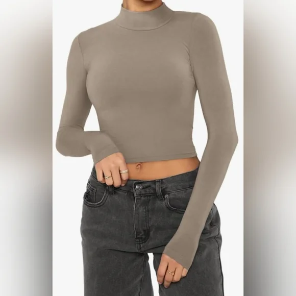 ReoRia Khaki Mock Turtleneck Women's 2XL Ribbed Tight T-shirt Crop Top L/S, NEW - Picture 8 of 9